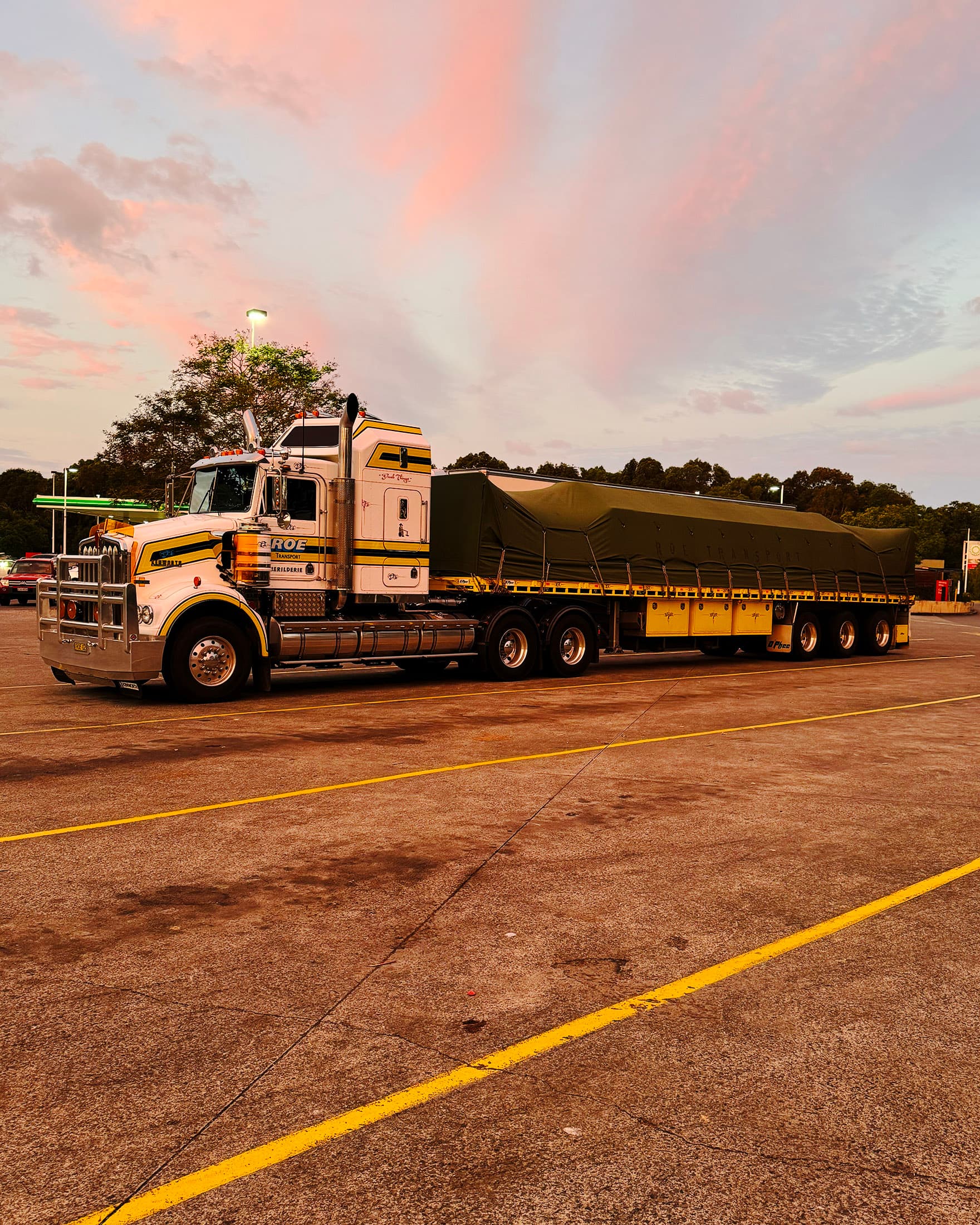 Roe Transport truck at sunset